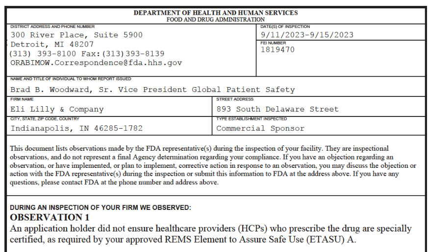 FDA Form 483 issued to Eli Lilly regarding Zyprexa